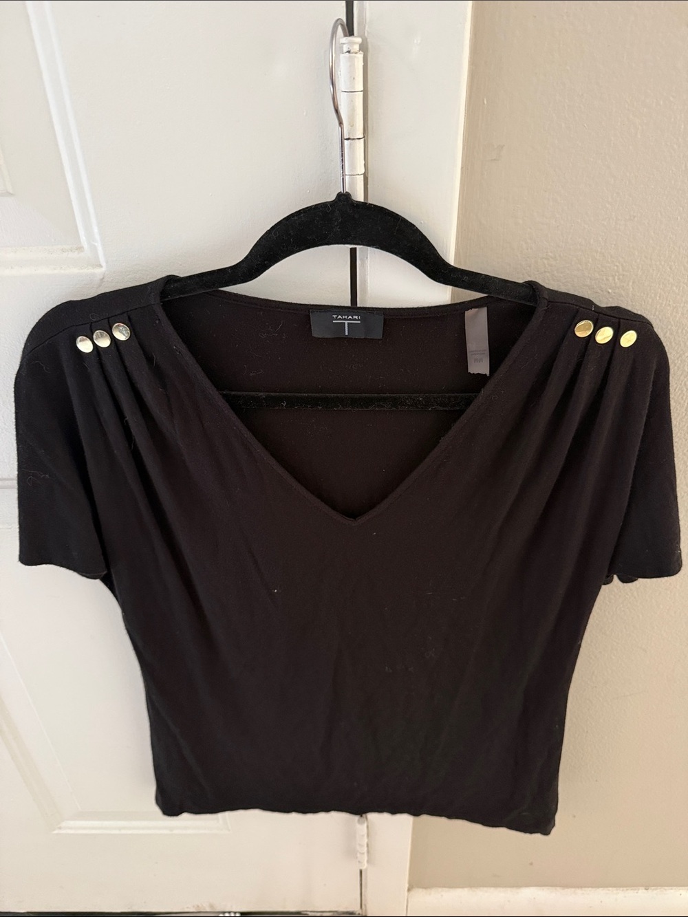 Tahari Black Short Sleeve V-Neck Tee with Gold Buttons